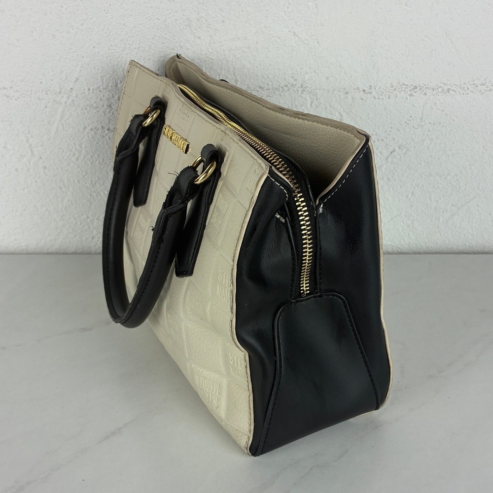 Steve Madden Cream Black Embossed Logo Satchel Bag Double Handles - Picture 6 of 12